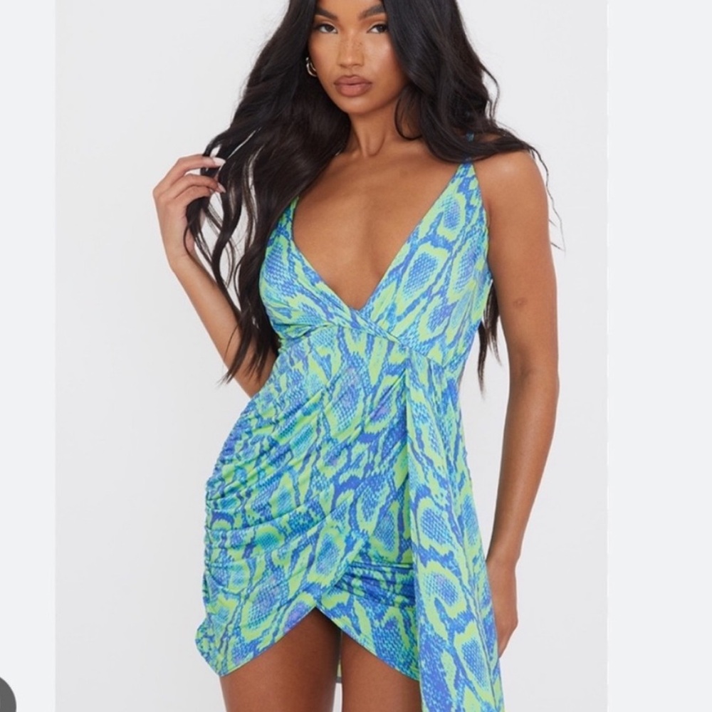 Prettylittlething Snake Print Drape Dress